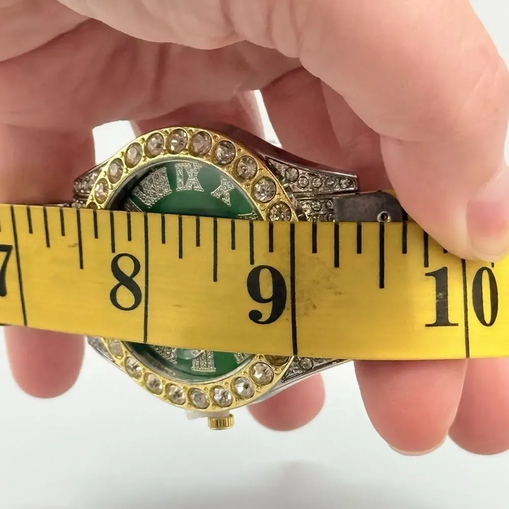 Mens Two Tone Iced Out Watch Green Sunray Dial Roman Numerals Bling Calendar